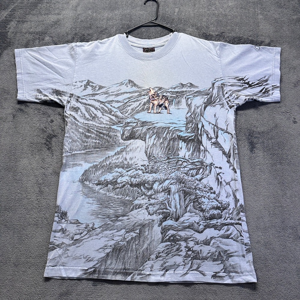 Vintage Habitat Wilderness T-Shirt Mens Large Blue Howling Wolf Oregon AOP